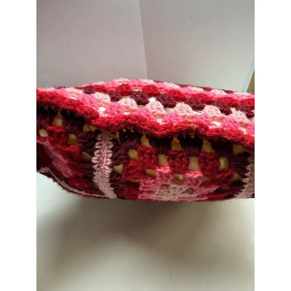 Handmade Crochet Granny Square Throw Pillow Pink Red Burgundy Retro Decorative